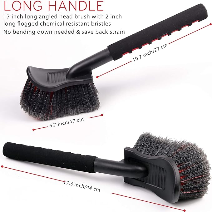 TAKAVU 17.5" Wheel Tire Body Brush Soft Bristle - Gentle Car Wash Brush Long Handle for Safe Tire Sidewall & Wheel Cleaning - Scratch - Free Automotive Tool
