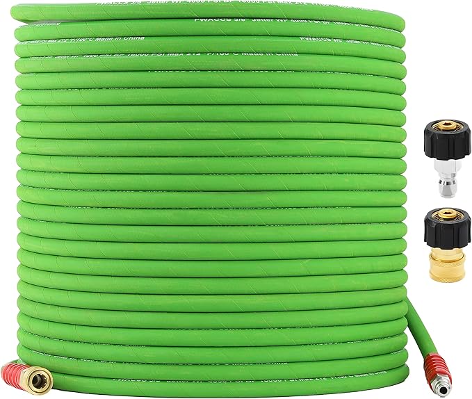 PWACCS Pressure Washer Hose 100FT, 3/8" Quick Connect Power Washing Hose Kink Resistant Steel Wire Braided, M22 14 Adapters, Cold/Hot Water, 4000 PSI