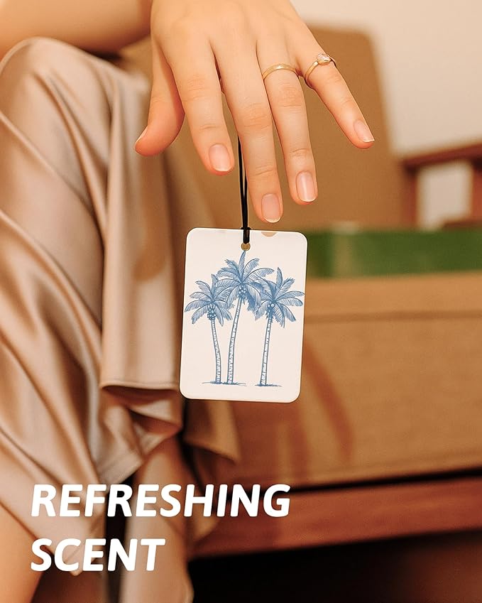 Blue Beach Car Air Freshener 4 PCs, Preppy Girly Beach Shells Starfish Palm Trees Hanging Air Freshener for Cars Closet Drawer Books, Cute Beachy Car Accessories Mirror Decor for Women