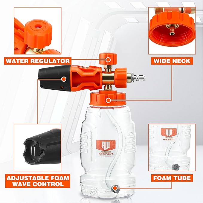 RIDGE WASHER Pressure Washer Gun Foam Cannon with Dual Connector Accessory, Double Tip Attachment for Foam Blaster, Stainless Steel Car Wash Foam Gun, 1/4" Quick Connect, 4000 PSI