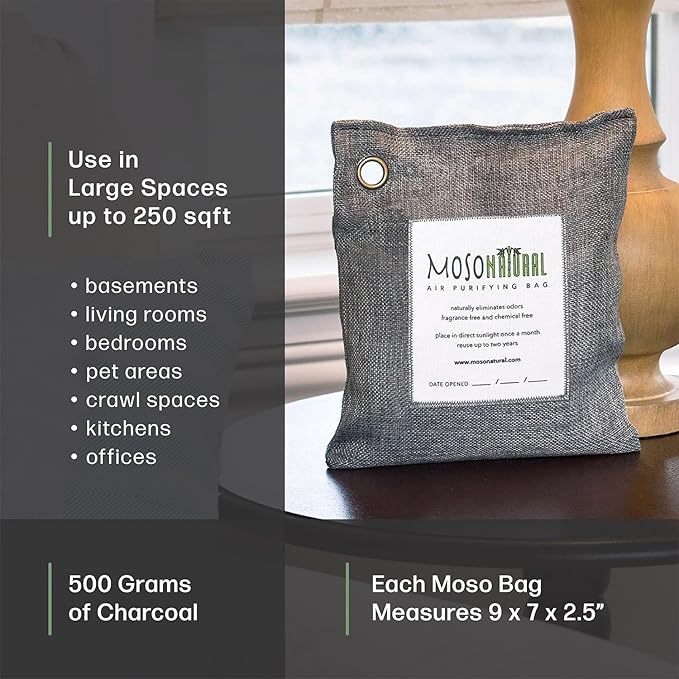Moso Natural Air Purifying Bag 500g (2 Pack) Premium Bamboo Charcoal Odor Absorber for Home, Bedroom, Kitchen, Basement | Unscented Pet Odor Eliminator | Large Charcoal Deodorizer Bag Covers 250sqft