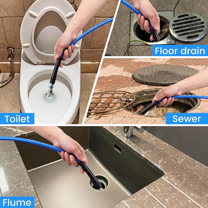 50FT Pressure Washer Sewer Jetter Kit, 5800 PSI Water Jet Drain Cleaner Hose with Corner Rotating Button Nose Nozzle, Sewer Jetting Nozzles Kit with Spanner Handle Strap