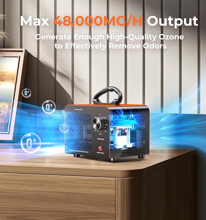 Ozone Generator, 48,000mg/h High Capacity O3 Machine for Large Spaces Up to 4,000 Sq Ft, Portable Odor Eliminator for Car, Home, Basement, Smoke, Pets, and Commercial Use, Orange