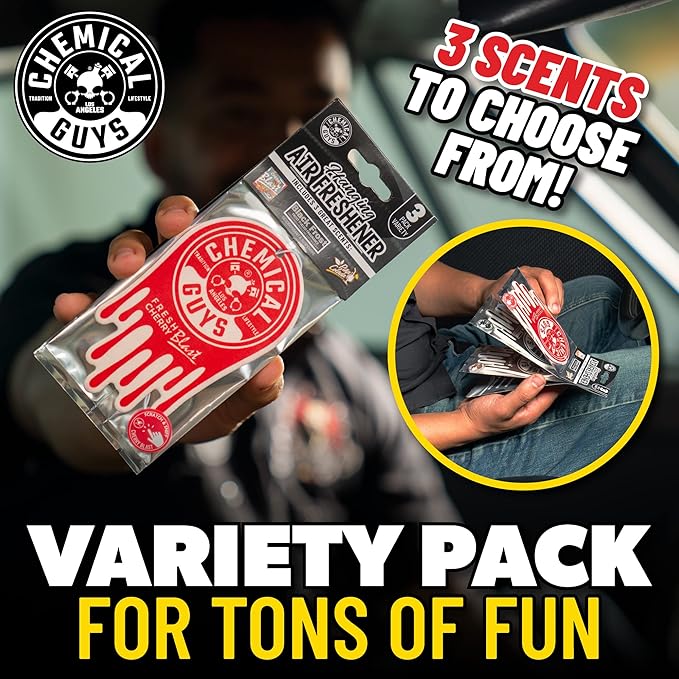 Chemical Guys Hanging Air Freshener, Variety Scent Pack 6 Pack, Great for Cars, Trucks, SUVs, RVs, Home, Garage, Workspace, Dorm Room & More (2 x 3 Packs, Black Frost, Cherry, Pina Colada) - AIR40402
