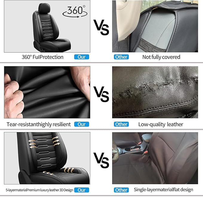 Fit Equus Car Seat Covers for Hyundai Equus 2011-2014 2015 - Upgraded Premium Waterproof & Breathable Leather, Airbag Compatible, All-Weather Seat Cushion Protector (Full Set, Black)