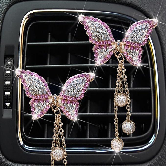 Pink Butterfly Heart Air Vent Clips, 2 Pcs Pink Butterfly Car Air Fresheners Air-conditioning Vents Clips Car Diffuser Diamond Car Interior Decor Charm Cute Car Accessories Decoration for Women