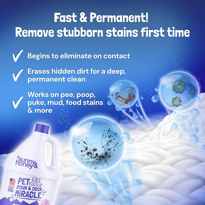 Sunny & Honey Pet Stain and Odor Remover - Enzyme Cleaner for Dog Urine and Poop on Carpets and Furniture - Strong Pet Carpet Cleaner Spray (1 Gallon Lavender)