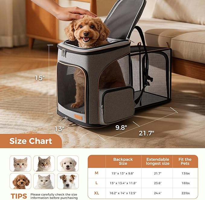 Large Cat Backpack Expandable Pet Carrier Backpack, Lekereise Dog Backpack Carrier for Small Dogs and Medium Cats, Grey