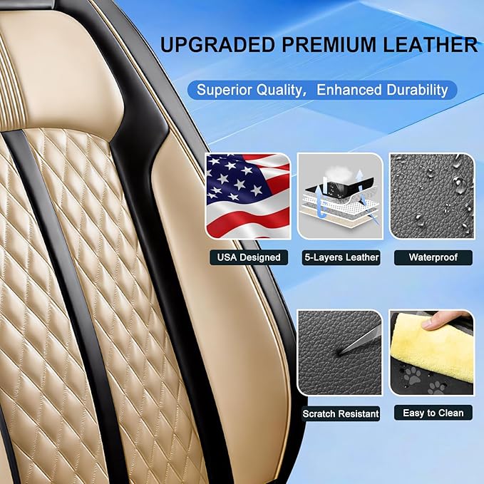 Fit Tahoe Car Seat Covers for Select Chevrolet/Chevy Tahoe 2000-2025 2026 - Full Coverage Leather, Waterproof & All Weather Seat Cushion Protector, Black+Beige
