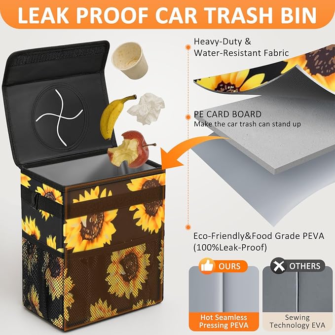 3 Gallons Car Trash Can with Lid, Car Bag Bin Hanging Waterproof Automotive Garbage Cans Leak Proof Vehicle Trash Can Sunflower