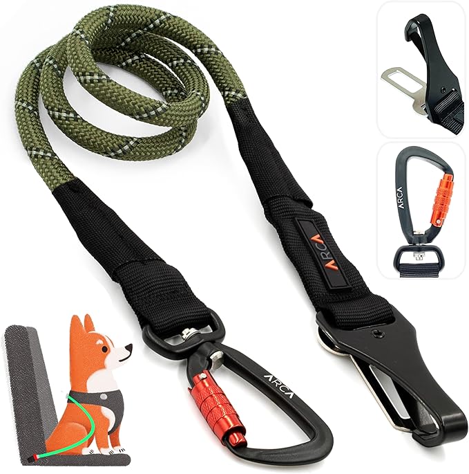 Dog Seat Belt for Car | Universal Pet Car Seatbelt with Reflective Climbing Rope, Aviation Aluminum Carabiner with 360° Swivel & Auto-Lock, Secure Safety Restraint (Ranger Green 360°)