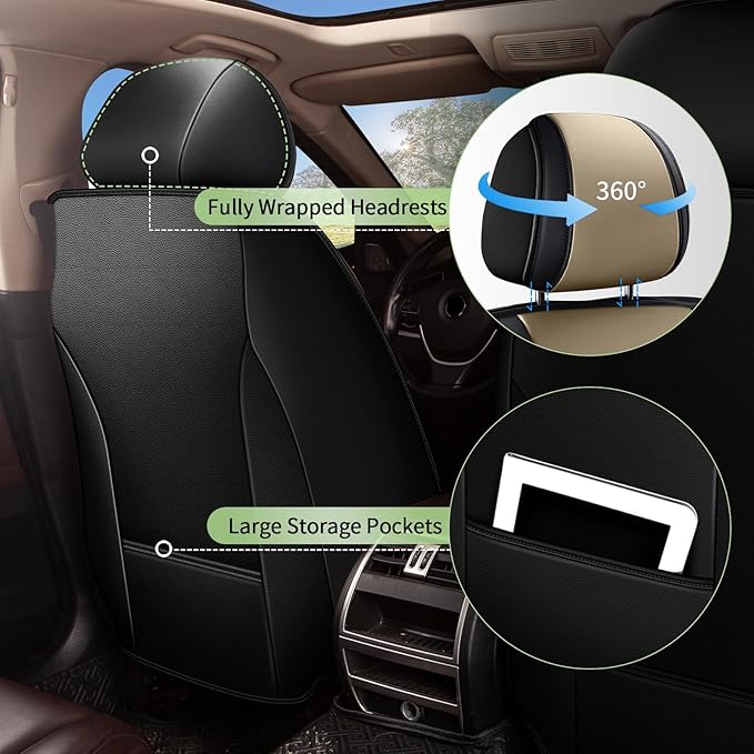 for Fit Toyota Highlander 2008-2025 2026: Full Set Breathable Cool Ice Silk Leather Seat Covers Car Seat Covers (Black & Beige)
