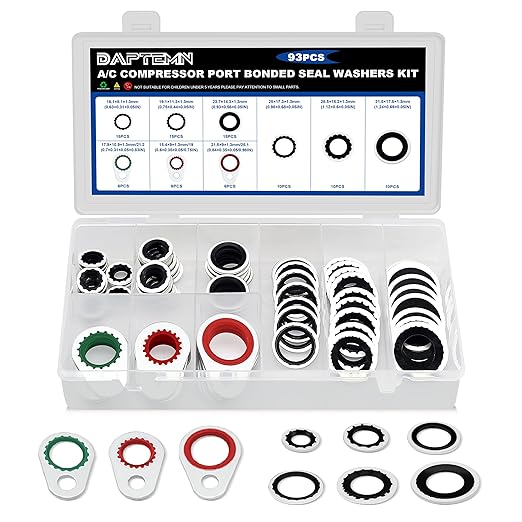 93PCS A/C Compressor Seal Washers Assortment Kit, 9 Sizes Air Conditioning System Compressor Port O-Rings, Replace Universal Automotive Self-Centered Bonded Sealing Washers (ID: 8mm-17.5mm)