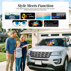63"x28.5" Car Windshield Sun Shade with Storage Pouch, Stylish Printed Front Window Sunshade with Double Ring Frame, Universal Fit Foldable Heat Blocker & UV Protector for SUV, Sedan (Good Vibes)