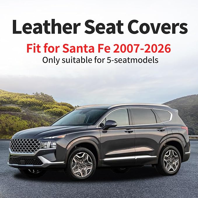 Santa Fe Seat Covers Custom Fit for Hyundai Santa Fe 2007-2026 (Only 5-Seat Version) - Full Set Premium Leather, Waterproof, All-Weather, Airbag Compatible, Car Seat Protectors (Redline)