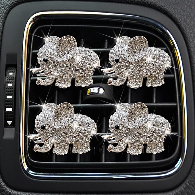 Bling Elephant Air Vent Clips, 4 Pcs Crystal Elephant Car Air Fresheners Vent Clips Diffuser Vent Clip Rhinestone Diamond Car Decoration Interior Decor Bling Accessories for Women