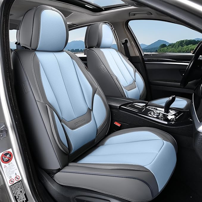 Coverado Seat Covers, Car Seat Covers Front Seats, Leather Seat Covers for Cars, Car Seat Protector Waterproof, Gray Car Seat Cushion, Front Carseat Cover Universal Fit for Most Cars Lightblue