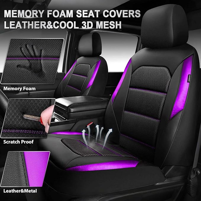 CAR PASS Memory 3D Foam Car Seat Covers Full Set,Breathable Mesh Thick Seat Covers for Car,Purple Metal Film Leather Seat Covers,Universal Automotive Comfort for SUVs Trucks,Black Purple