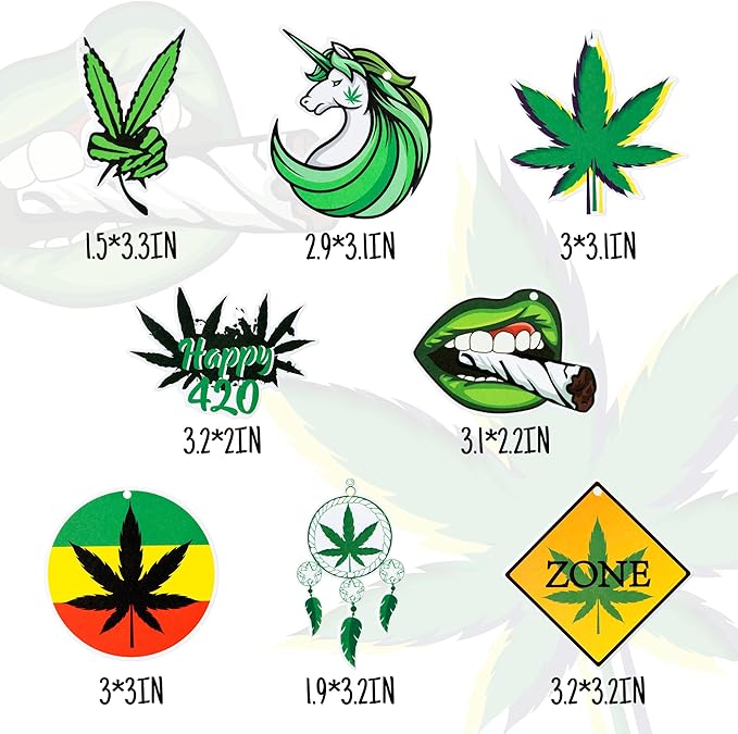 8Pcs Weed Marijuana Car Air Fresheners Cannabis Green Leaf Scented Diffuser Rearview Mirror Smoking Have a Dope Birthday Party Favors Gifts for 420 Stoners Automotive Interior Hanging Accessories