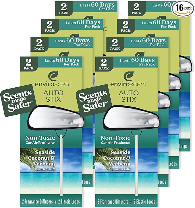 Enviroscent Non-Toxic* Car Air Freshener Auto Stix® - Scents Made Safer - Enjoy Fragrance Lasts Up to 480 Days - Includes Auto Stix® Diffusers & Elastic Loops - Seaside Coconut & Verbena (Pack of 8)
