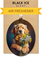Golden Retriever - Dog Car Air Freshener - Cute Hanging Dog With Flowers Decor Black Ice Scent, Infusible with Your Own Scent, Pet Safe, Non-Toxic, Freshener for Car, Closet, Office Size - 3x4"