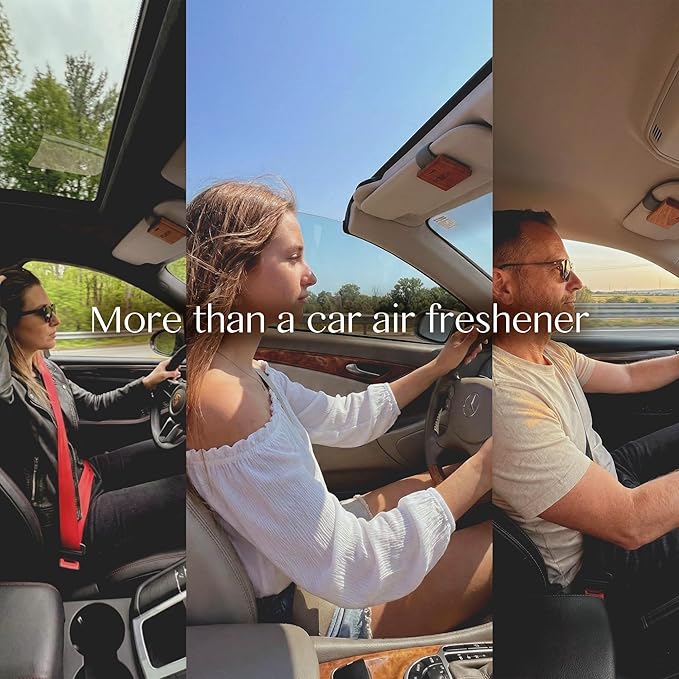 Car Air Freshener with Premium Leather Visor Clip, North American Alder Wood Scent Diffuser, Refillable Solid Wood Odor Eliminator for Vehicle Cabin, Truck & SUV, No Liquid (Wild Dew)