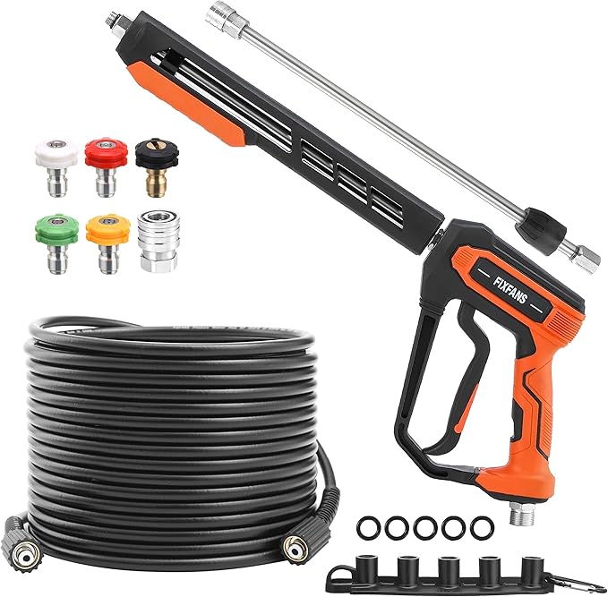 Pressure Washer Gun and Hose Kit, 50 FT High Power Washer Hose with Replacement Wand Extension, 5 Nozzle Tips, M22 Fitting