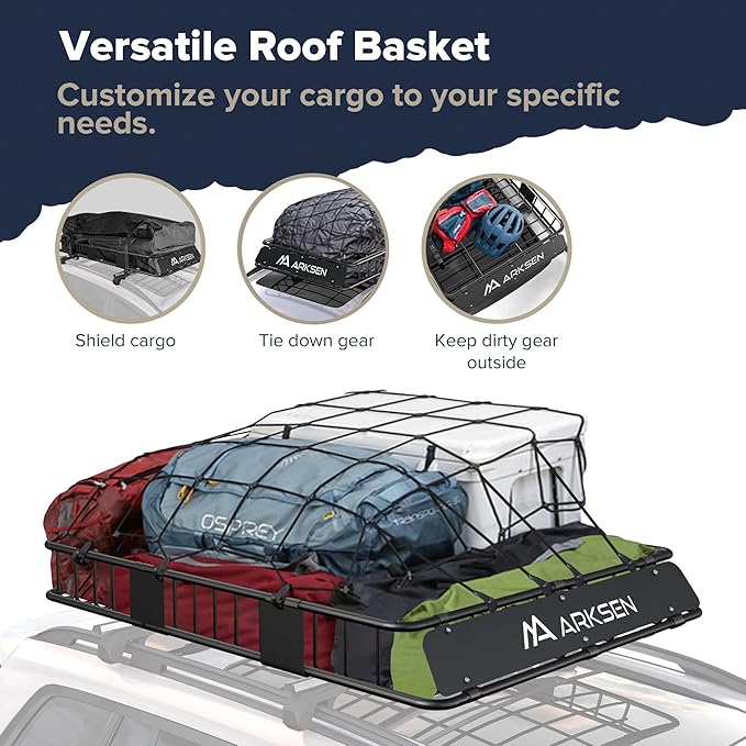 ARKSEN 64" x 39" x 6" Roof Rack Cargo Basket with Extension, Waterproof Bag, Net & Ratchet Straps, 150 lb Heavy-Duty Steel Rooftop Carrier, Fits Crossbars up to 1.38" Thick, for SUV & Pickup Truck