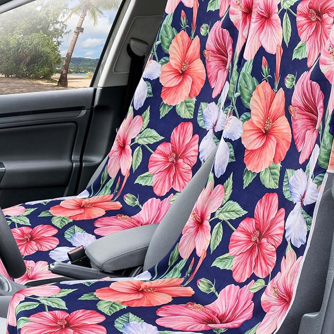 2 Pack Car Seat Towel Covers with Storage Bag 63 x 32 Inch Athletic Running Towel Seat Sweat Washable Non Slip Cover Gift for Car Outdoor Sport Activities (Summer Flower Hibiscus)