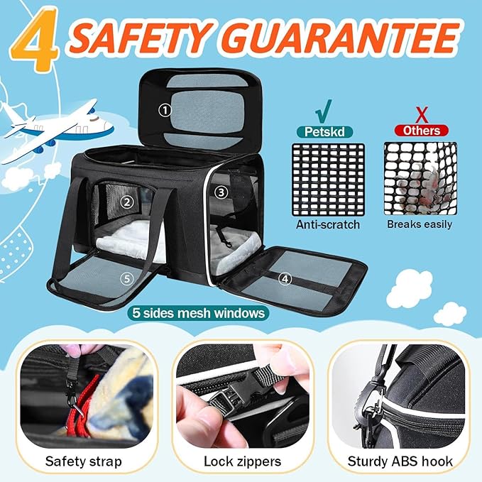 Petskd Top-Expandable Pet Carrier 18x13x9.5 Inches Southwest Airline Approved, Soft-Sided Carrier for Small Cats and Dogs with Locking Safety Zippers and Anti-Scratch Mesh(Black)