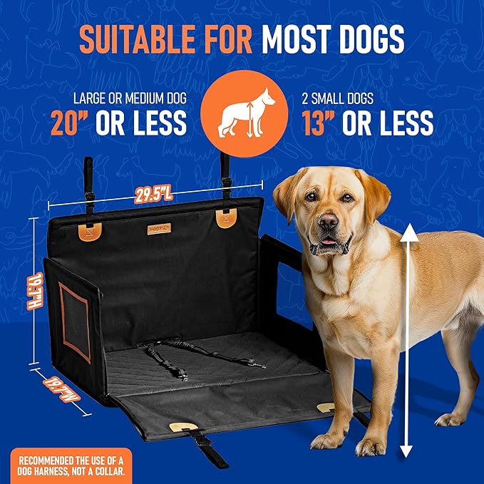 Large Dog Car Seat for Medium Sized Dog or 2 Small Dogs. Waterproof, Mesh Sides with Supporting Rods, Dual Seat Belt, Enclosed, Foldable & Hard Bottom Pet Car Seat. Pet Travel Bed 29.5"X19.7"X19.7"