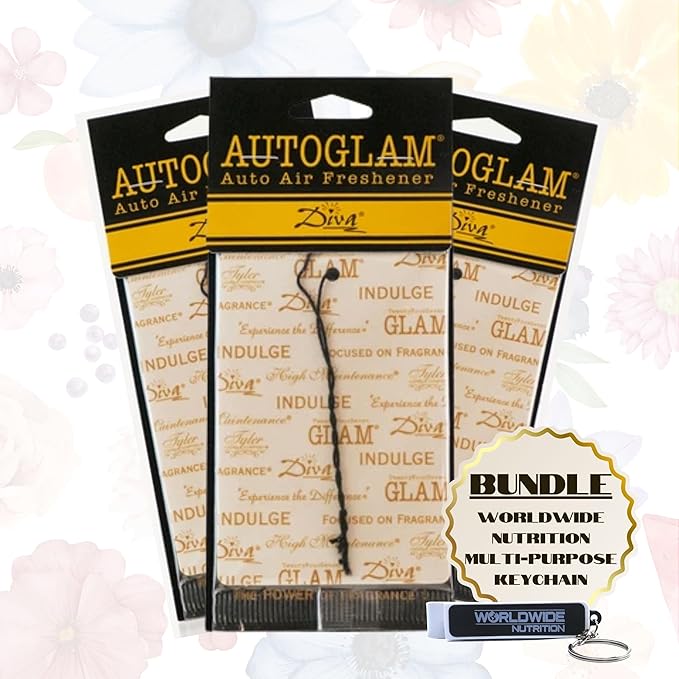Worldwide Nutrition Bundle: Tyler Candle Company AutoGlam Car Air Fresheners - Diva Scent Car Fresheners - 3 Pack Tyler AutoGlam Car Air Freshener and Multi Purpose Key Chain
