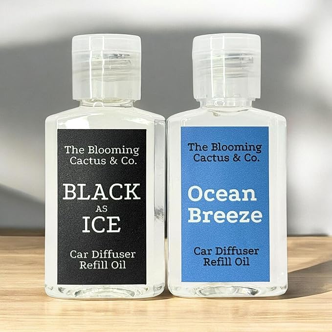 1 OZ Premium Car Diffuser Refill Oil – 2 Pack Long Lasting Fragrance Oil for Car, Home & Office | Compatible with Most Diffusers | Fresh, Pleasant Scent for Every Space (Black Ice + Ocean Breeze)