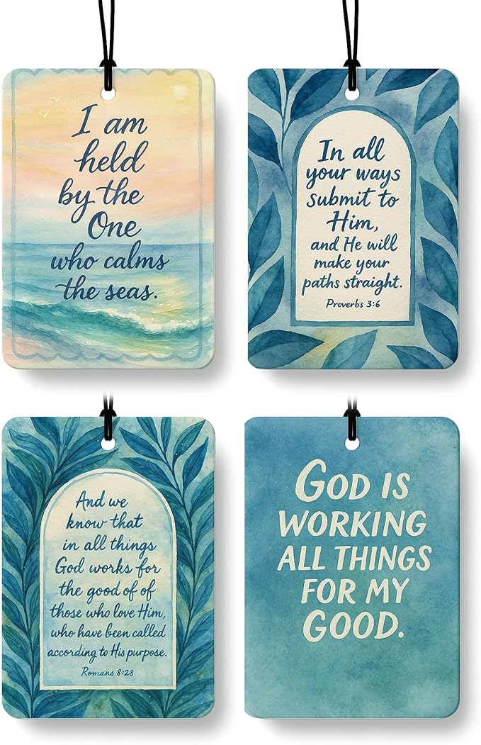 Blue Coastal Beach Christian Car Air Freshener 4 Pcs, Ocean Beachy Botanical Religious Hanging Air Freshener for Cars Closet Drawer Books, Christian Car Accessories Mirror Decor for Women