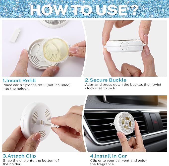 Car Fragrance Holder Compatible with Bath & Body Works Refills (Not Included), Air Freshener Vent Clip or Visor Clip, Refillable Scent Holder, Easy to Open Car Diffuser(White,Diamond)