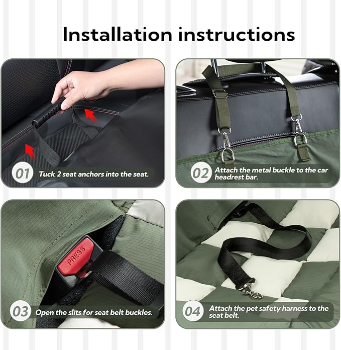 Soulbond Backseat Dog Bed for Car Hammock, Thick Soft Dog Car Seat Cover for Back Seat, Non-Slip Pet Travel Bed for Cars, SUVs & Trunks, Dark Green