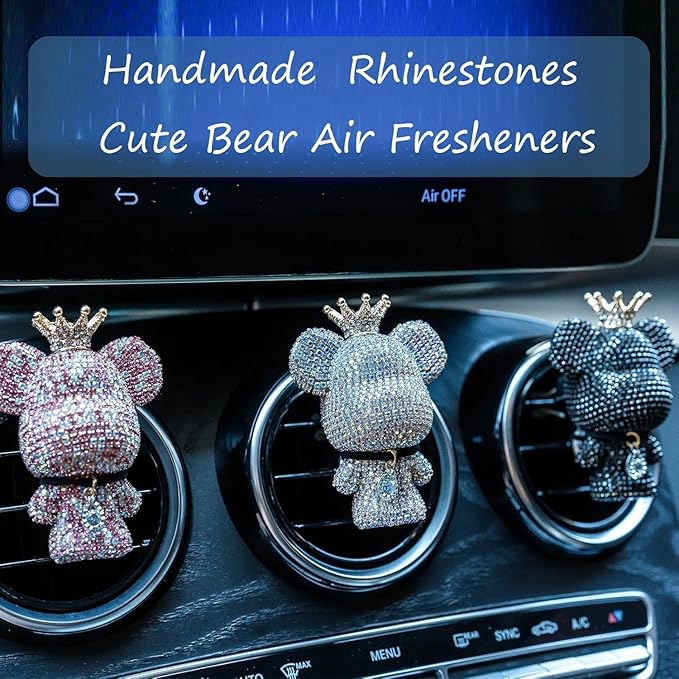 Cute Car Accessories, Bling Crystal Bear Car Air Freshener With Vent Clip,Rhinestone Aesthetic Car Decor Interior Decoration (GREEN)