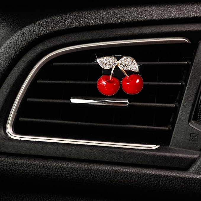 2 Pcs Cherry Car Air Vent Freshener Perfume Clip Cherry Shaped Crystal Air-Freshener Vent Clips Rhinestone Car Air-Outlet Fragrance Perfume Clips-Fresheners for Women Girls