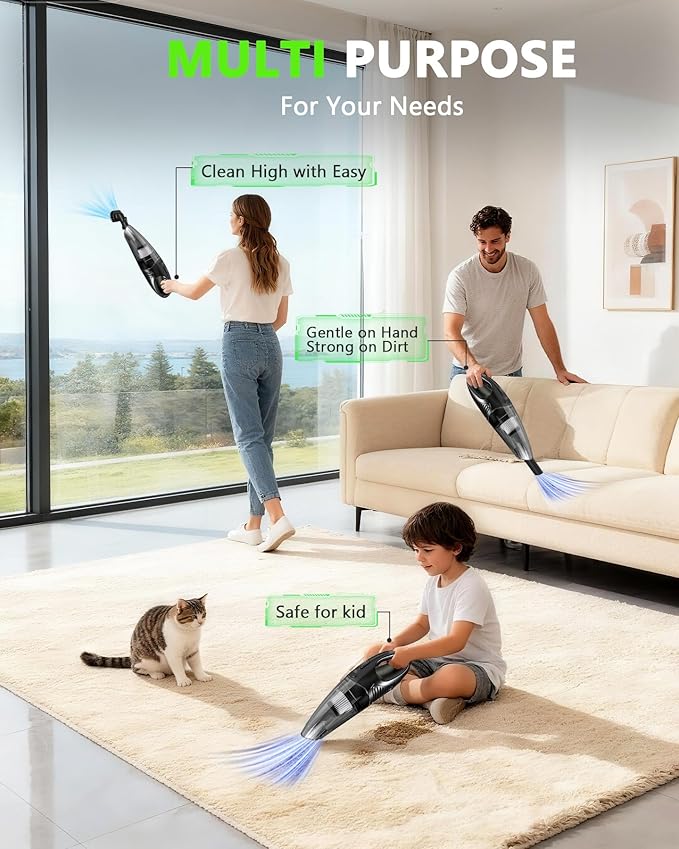 Handheld Vacuum Cordless, Rechargeable Car Vacuum Cleaner with Multiple Attachments, Portable Hand Held Vacuum Suction Power, Mini Vacuum for Car, Home, Pet Hair, Office, Desk, Keyboards Black