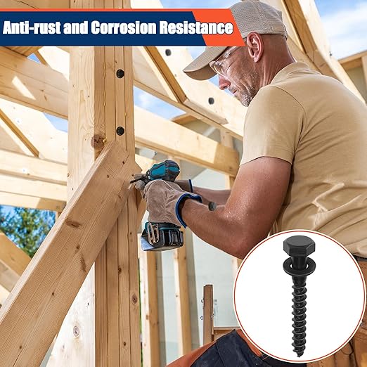 Tandefio 60 Pack 3/8''x 3'' Ceramic Black Lag Screw Kit with Washers Hex Lag Bolts Wood Screws Heavy Duty Ruspert Coating Hot Dip Galvanized Double Layer for Wood Decks Fences