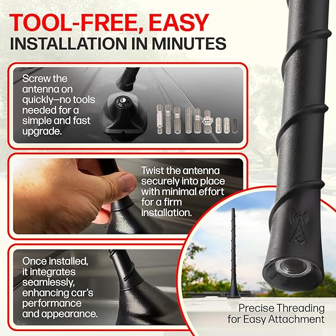 Votex Universal Short Rubber Spiral 8" Antenna Kit – Enhanced Reception, Carwash Proof, Flexible and Durable with Tuned Copper Coil and Stainless Steel Threading – for Trucks, Cars & SUVs, (Black)