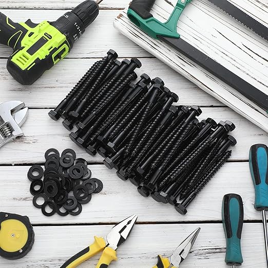Tandefio 50 Pack 1/2''x 5'' Ceramic Black Lag Screw Kit with Washers Hex Lag Bolts Wood Screws Heavy Duty Ruspert Coating Hot Dip Galvanized Double Layer for Wood Decks Fences