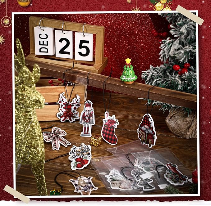 12 Pcs Christmas Car Air Freshener Bulk Scented Christmas Tree Ornaments Buffalo Plaid Gnomes Snowman Bow Hanging Decoration Car Scented Automotive Interior for Stocking Stuffers Party Gift