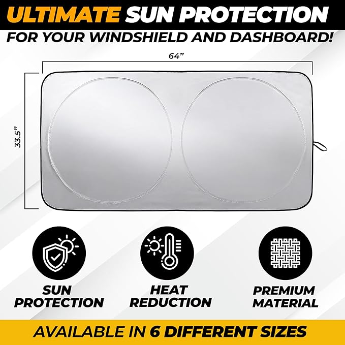 Car Sun Shade Windshield - 240T Reflective Polyester Sunshade, Medium Plus (64" x 33.5"), Blocks 99% UV Rays and Heat, Keeps Car Interior Cool, Foldable with Storage Bag, Compatible with Cars and SUVs