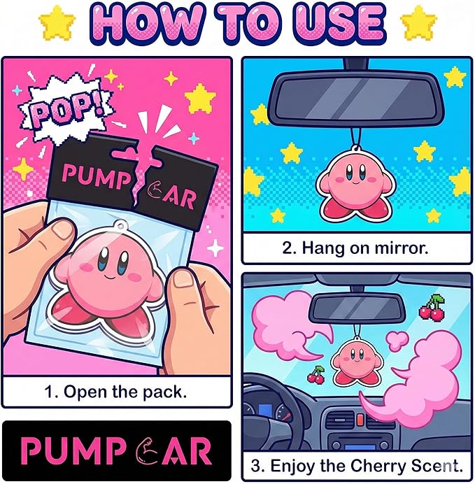 PumpCar 2 pieces Kirby Merch Pink Cute Kawaii double sided cartoon cherry scented funny car air freshener Cool hanging rearview mirror Interior Decor Dangler Accessories Gifts for Girls Women Birthday
