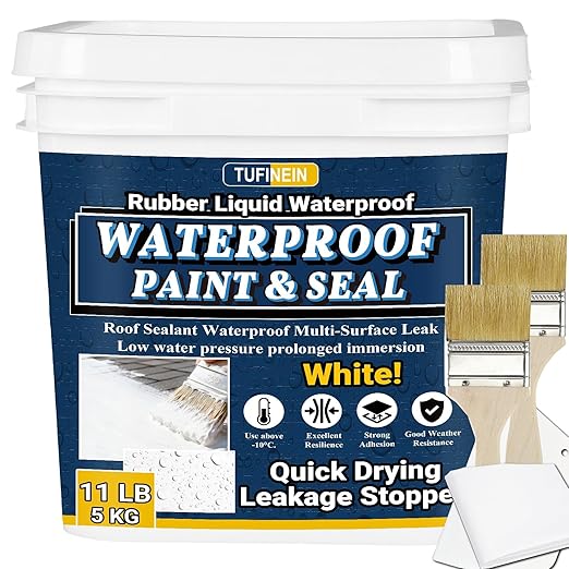 Rubber Liquid Waterproof Sealant, TUFINEIN 11 LB/5 KG White Quick Drying Multi Surface Foundation Leak Repair - Roof Gutters Basement Sealer Waterproof - Indoor & Outdoor Flexible Rubber Paint