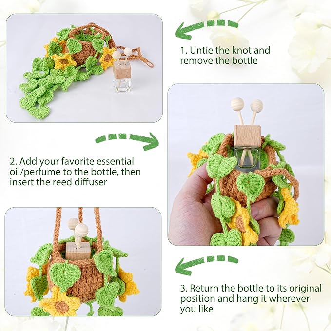 Crochet Car Air Freshener, Sunflower Car Rearview Mirror Diffuser with 8ml Refillable Essential Oil Bottle, Adjustable Strap Hanging Clamp, Crochet Hanging Plant for Car Home Office Decor