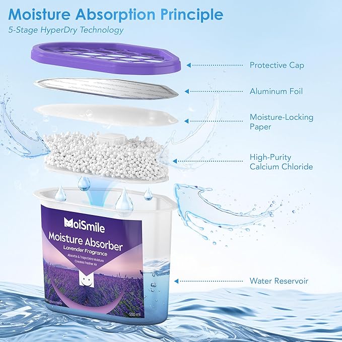Moisture Absorbers 6 Packs, 10.8 Oz Lavender Vanilla Efficient Humidity Absorber ＆ Odor Eliminator Boxes, Refillable Car Dehumidifier for Closet, Bathroom, Basement＆ RV