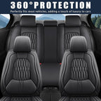 WELLDO Car Seat Covers Full Set, Leather Seat Covers for Car, Waterproof Car Seat Protector with Lumbar Support, Automotive Seat Covers Universal Fit for Most Cars SUV Truck(Black-w02)