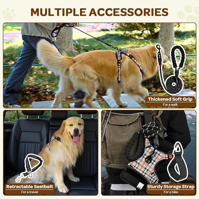 FURRYFECTION Plaid Dog Harness for Medium Dogs, Reflective No Pull Adjustable Pet Vest with Front Clip, Leash, Easy Control Handle and Seat Belt, Beige&White, M
